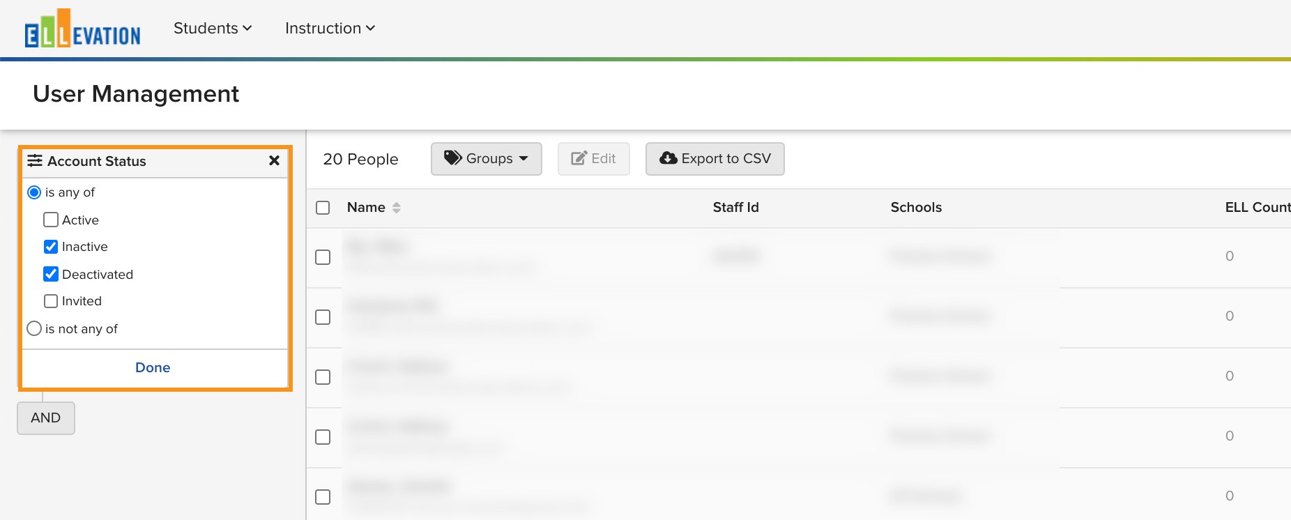 Screenshot showing the Account Status filter expanded with Inactive and Deactivated options selected