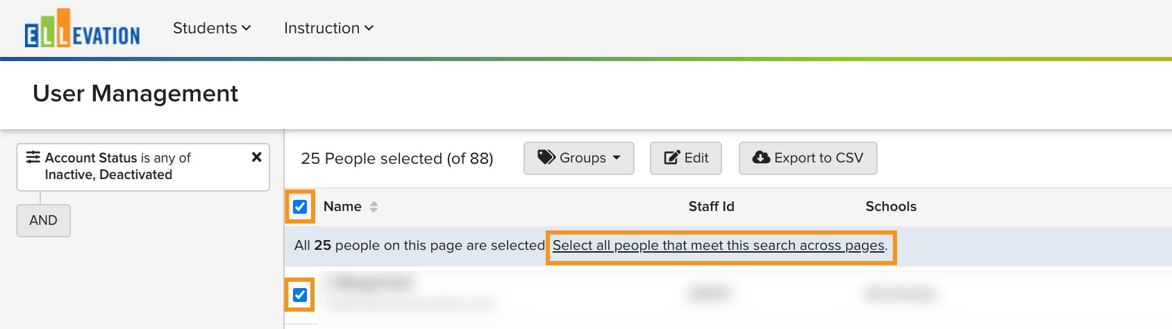 Screenshot showing the checkbox at the top of the user list and the option to select all people across pages