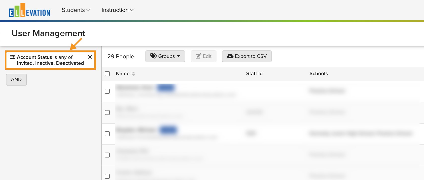 Screenshot of the User Management page showing users with Invited, Inactive, and Deactivated account statuses visible after removing the default filter