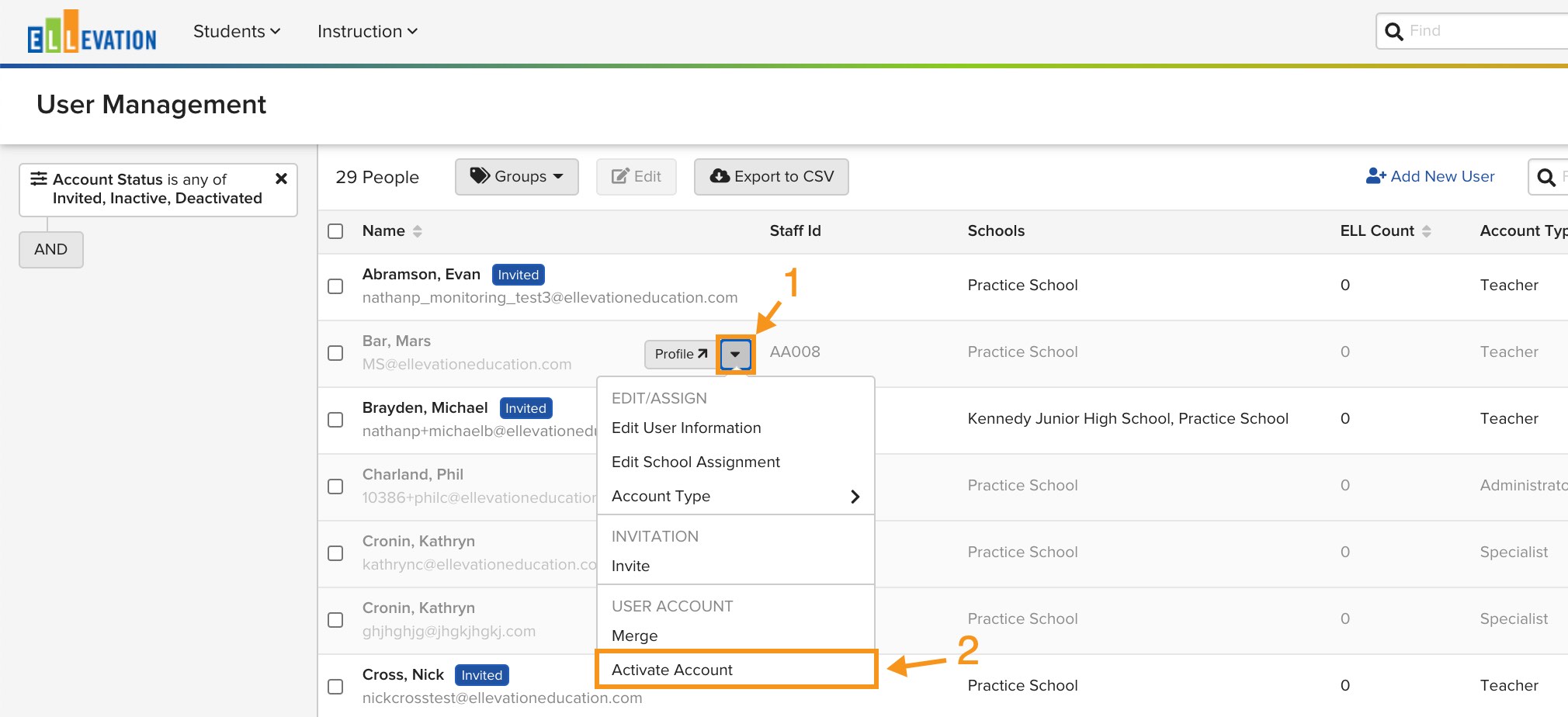 Screenshot showing the activation steps: hovering over a user name, clicking the dropdown arrow next to Profile, selecting Activate Account, and setting a password