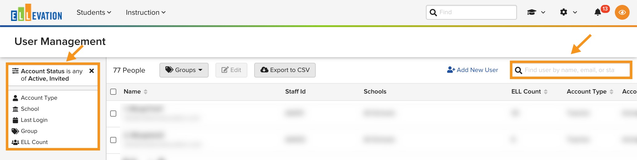 User Management page with filters for locating a user