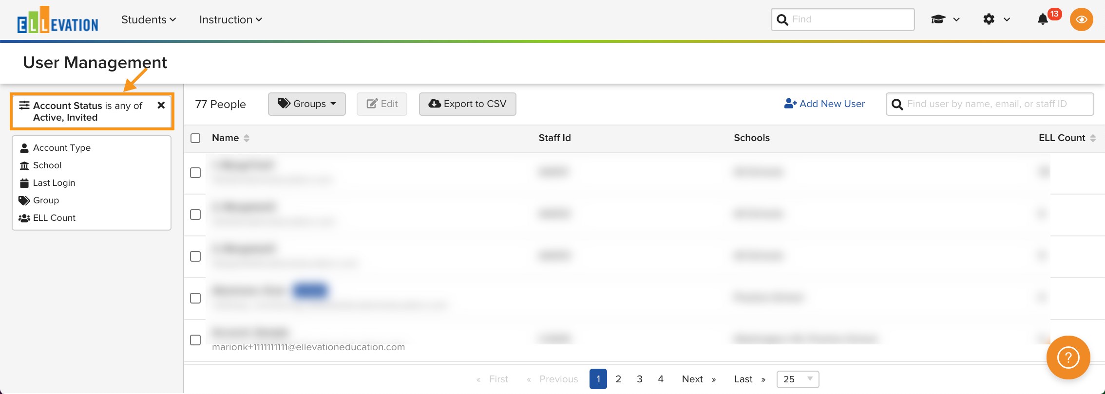 Screenshot of the Account Status filter on the User Management page showing Active and Invited as default selections