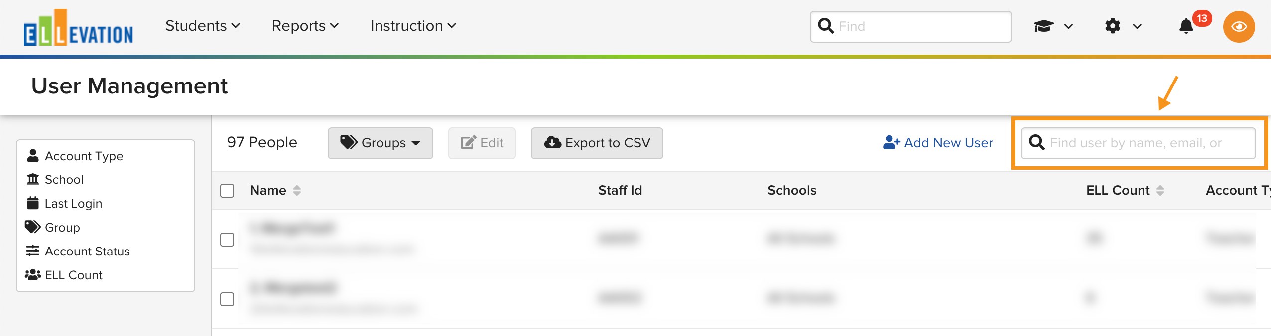 Screenshot of the User Management search field being used to search by Staff ID