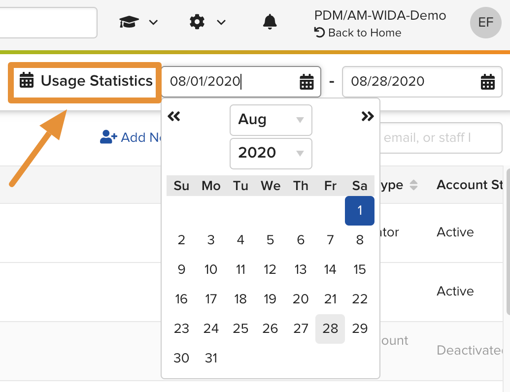 Usage Statistics date range fields in the top right corner of the Users page