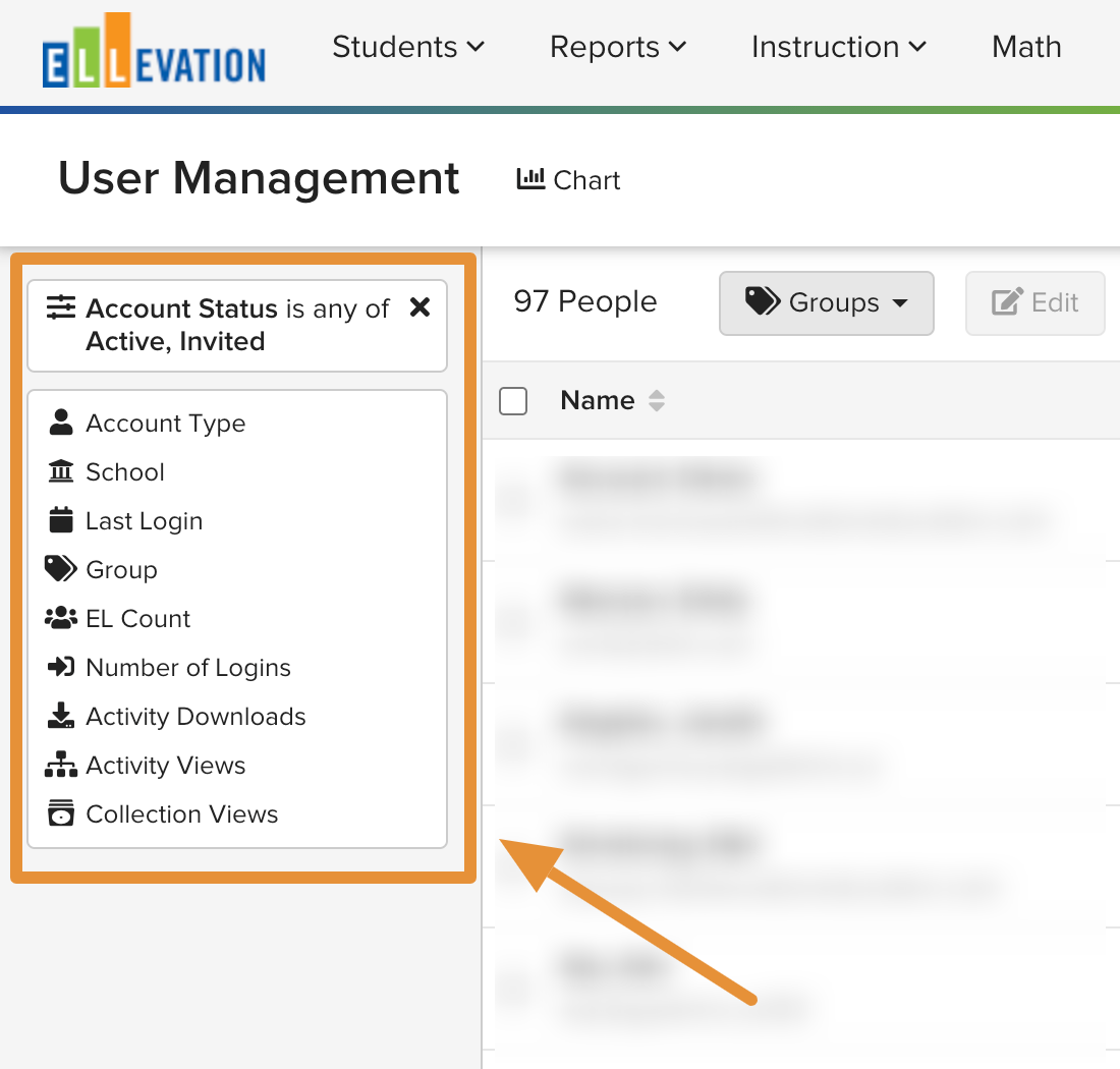 User Management page with the Filters panel displayed on the left side