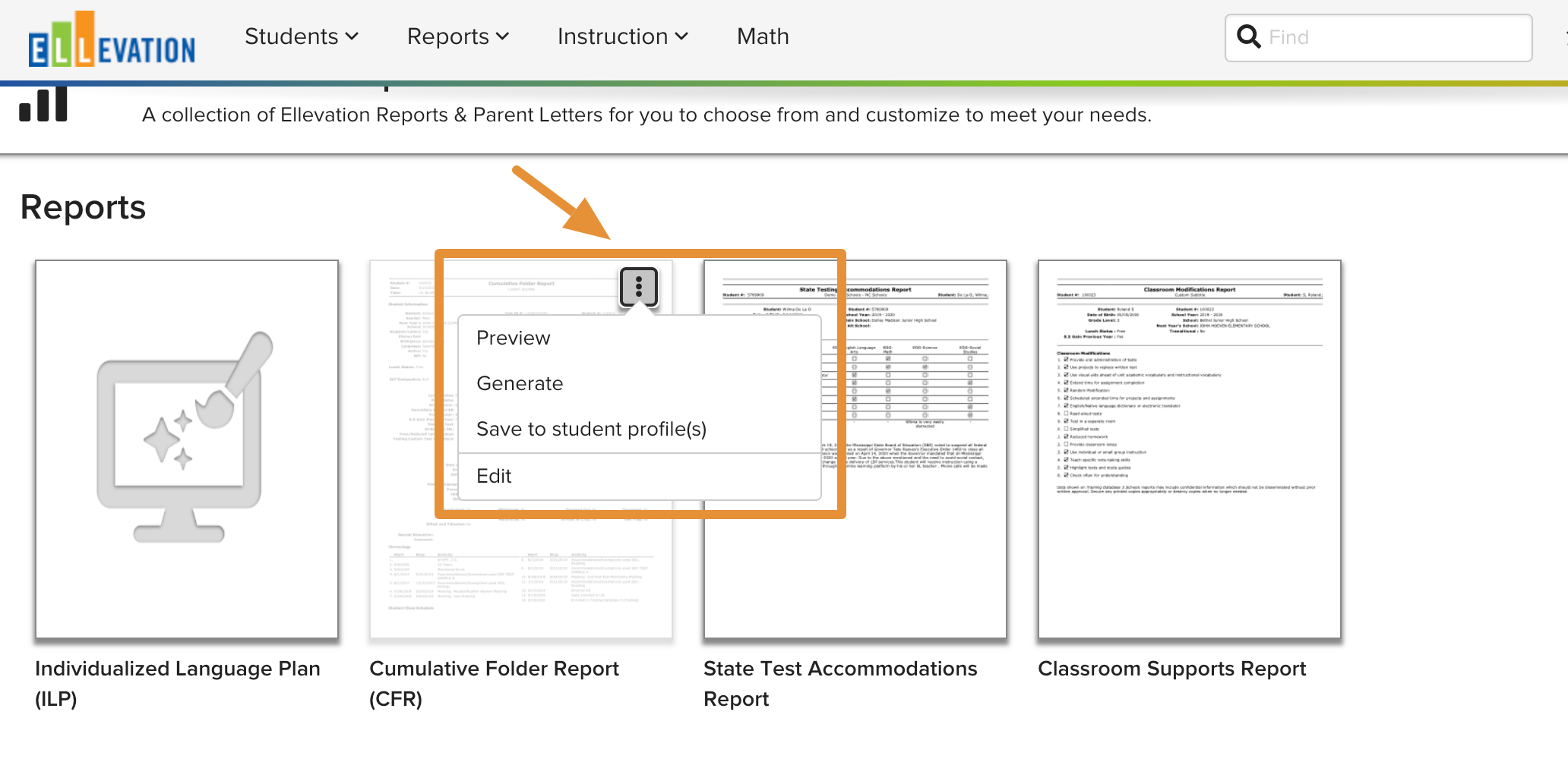 The More icon menu open on a Report Template, showing the available options.