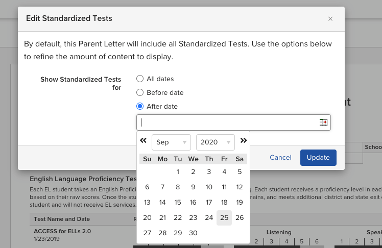 The date filter popup for the Standardized Tests section in the Parent Letter Builder, showing options to display all dates or filter before or after a selected date