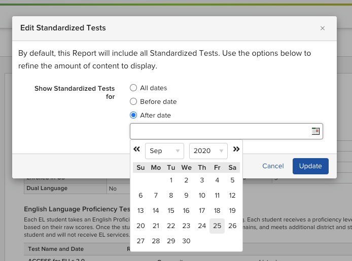 The date filter popup for the Standardized Tests section, showing options to display all dates or filter before or after a selected date