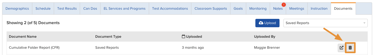 A Student Profile Documents tab with the Delete icon next to a saved Report.