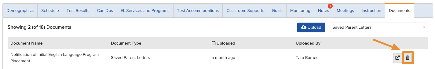 The Documents tab on a Student Profile with the Delete icon next to a saved Parent Letter