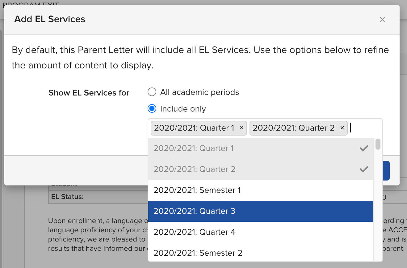 The academic period filter popup in the Parent Letter Builder, showing the Include only option selected and an academic period dropdown