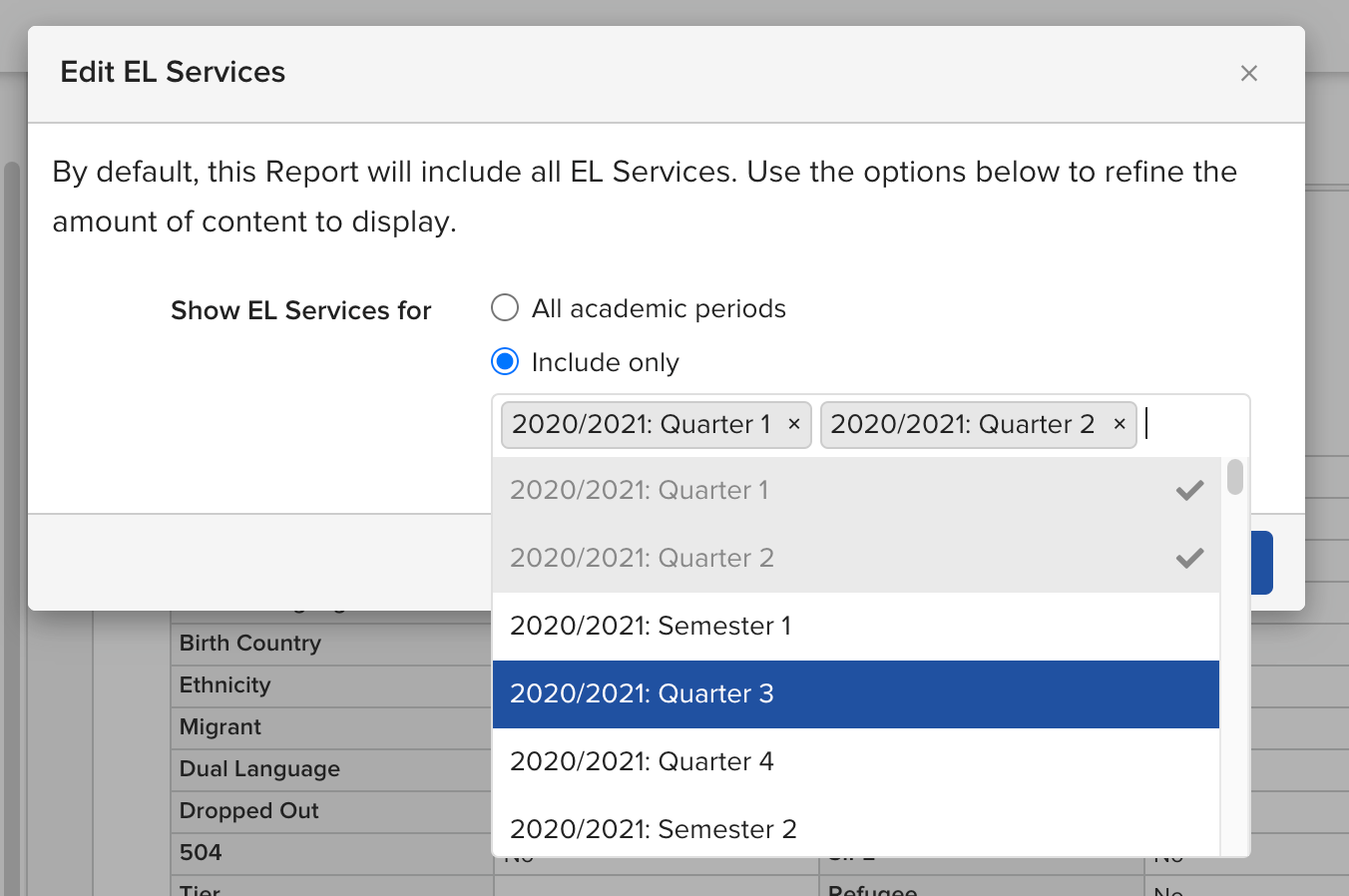 The academic period filter popup showing the Include only option selected and an academic period dropdown