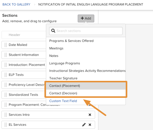 The + Add dropdown open in the Report Builder, showing available section types including Contact (Placement) and Custom Text Field