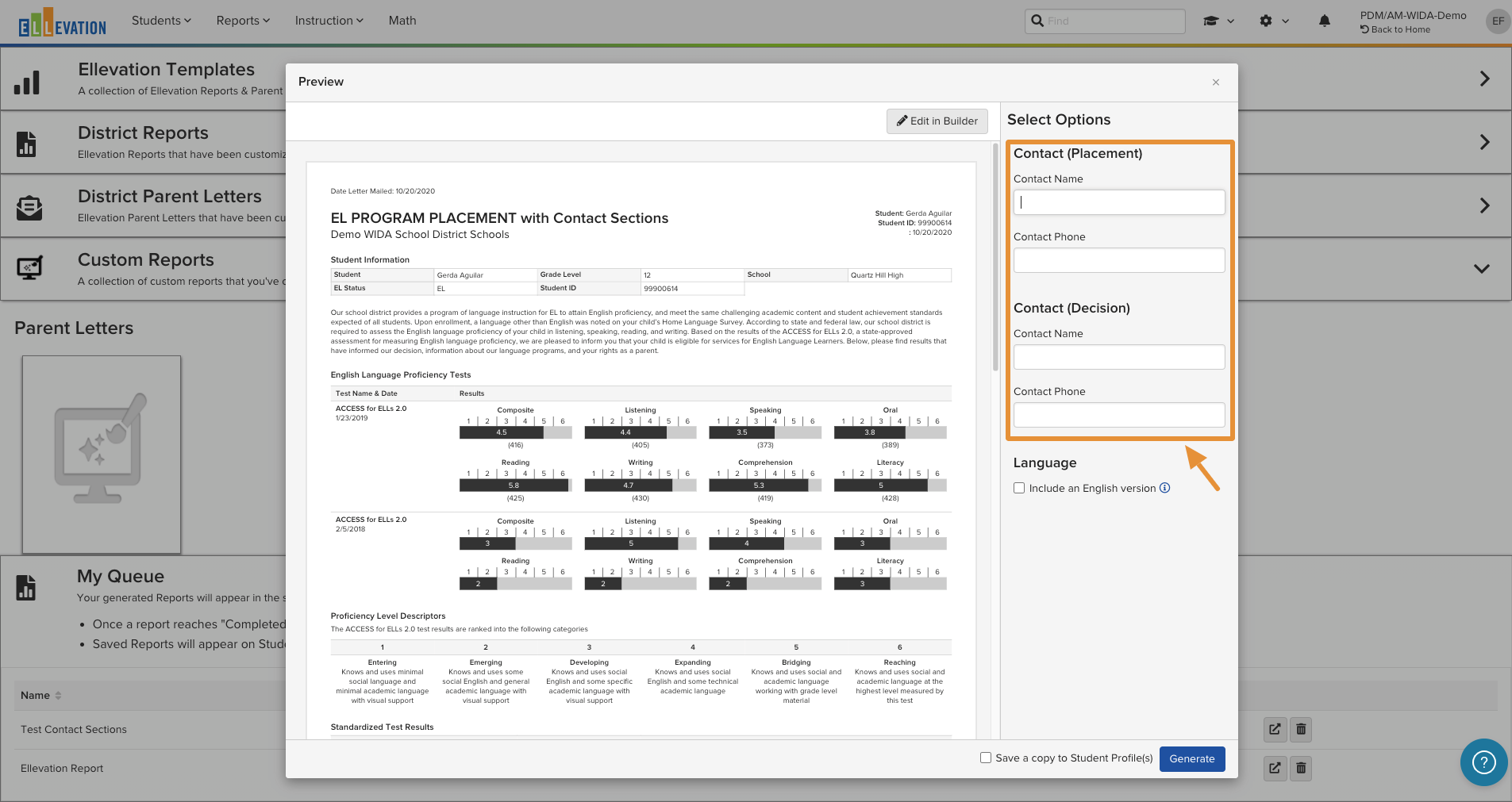 The Preview window for a Parent Letter template, showing the Contact Name and Phone fields that must be filled in before generating