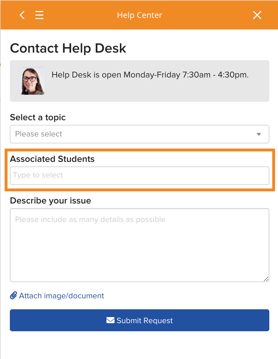 Help Desk ticket form showing the Associated Students field and the body of the ticket where a student ID number can be entered