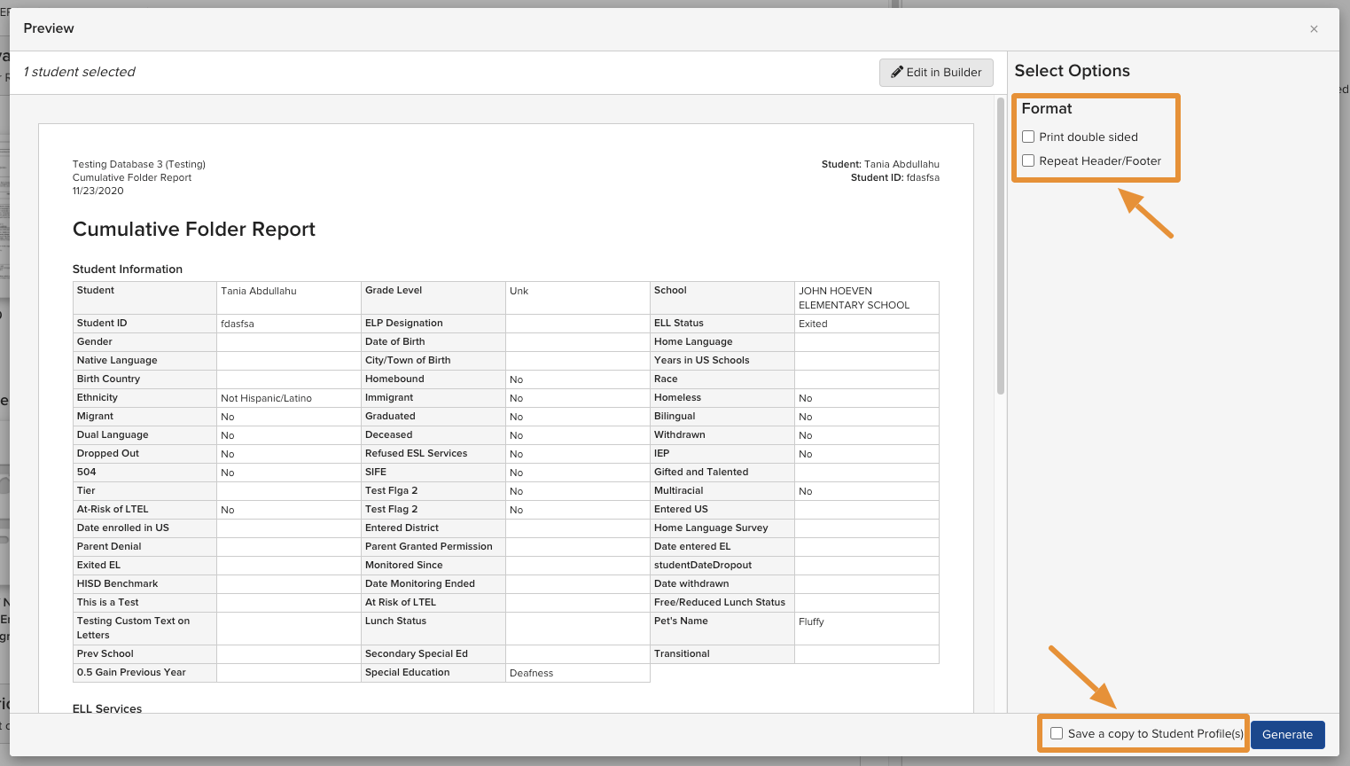 The run-time Preview window for a Report Template, showing the save, print, and header/footer checkboxes.