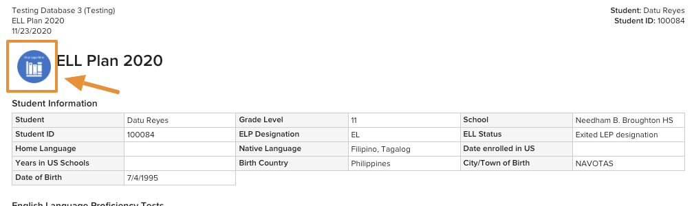 A sample generated Report showing the district logo displayed next to the Report title at the top of the first page
