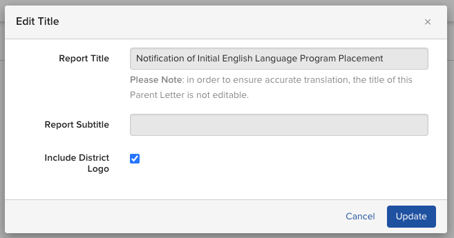 The Title section editor in the Parent Letter Builder, showing the Include District Logo checkbox