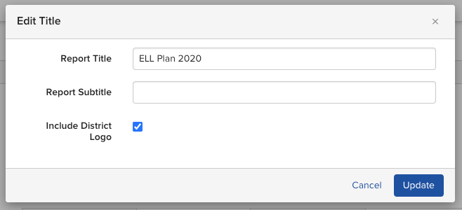 The Title section editor showing fields for Report Title, Report Subtitle, and the Include District Logo checkbox