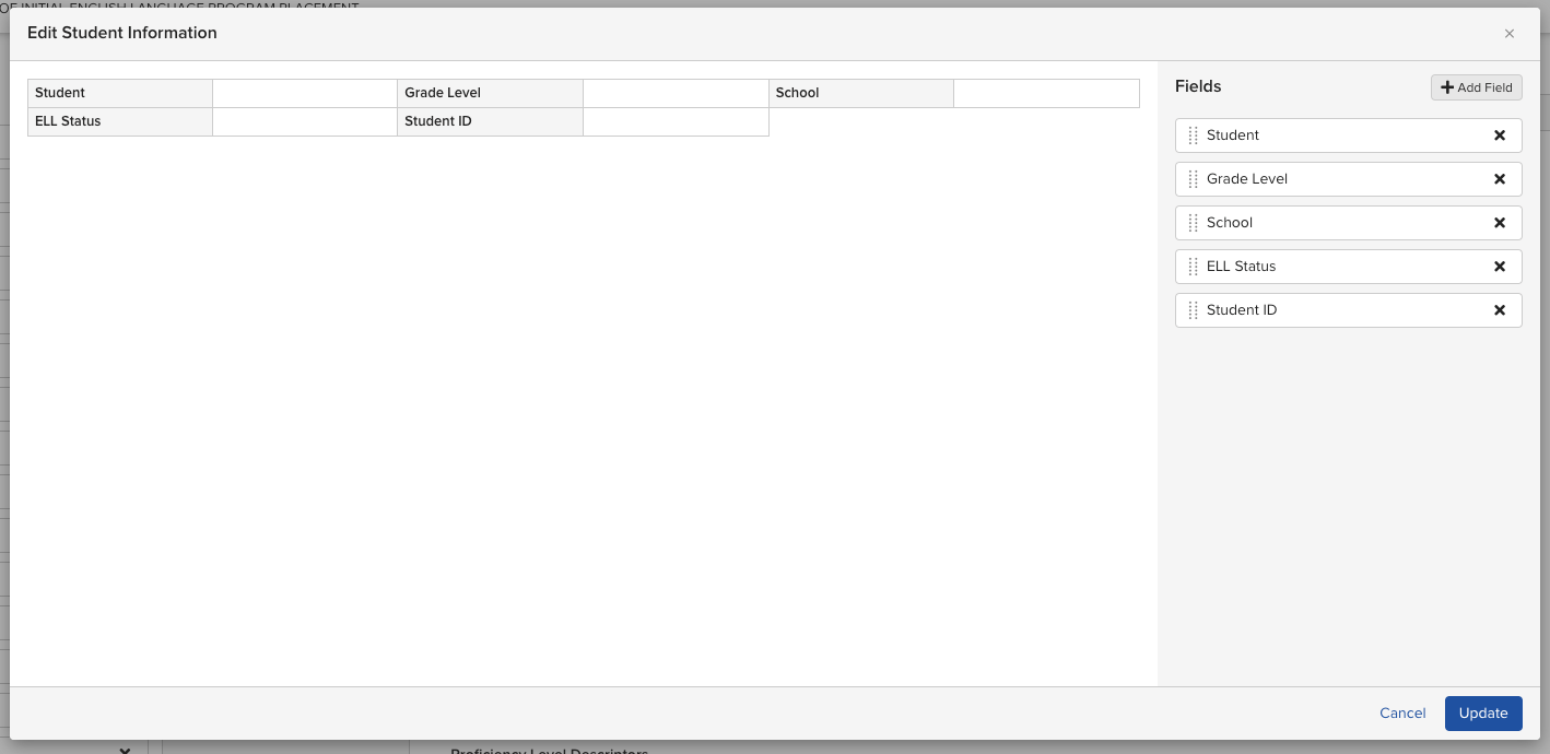 The Student Information section editor in the Parent Letter Builder, showing fields that can be added, removed, or reordered