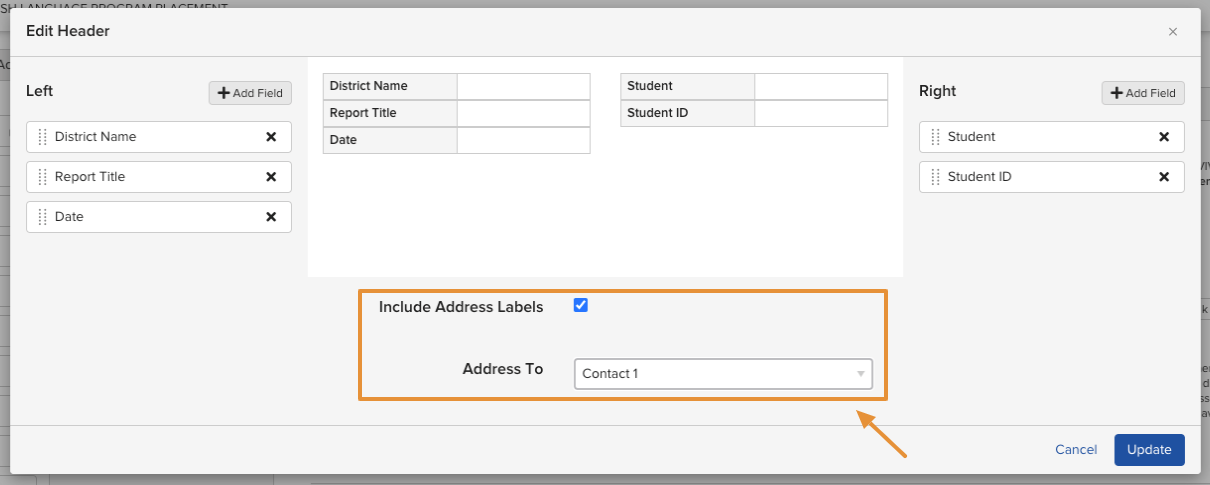 The Include Address Labels checkbox checked in the Header section editor, with the Address To dropdown showing contact options