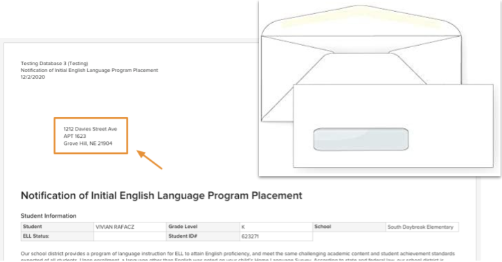 A sample Parent Letter showing the address label positioned in the header for use with a standard window envelope