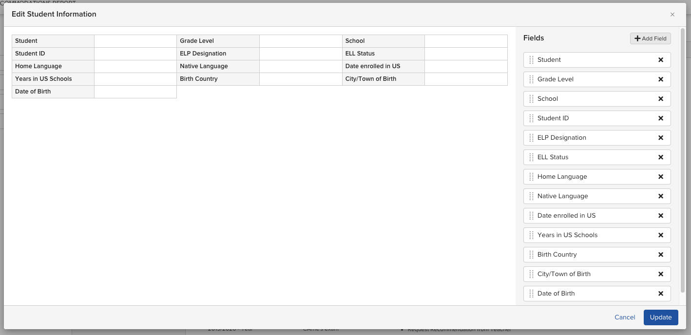 The Student Information section editor showing available fields that can be added, removed, or reordered