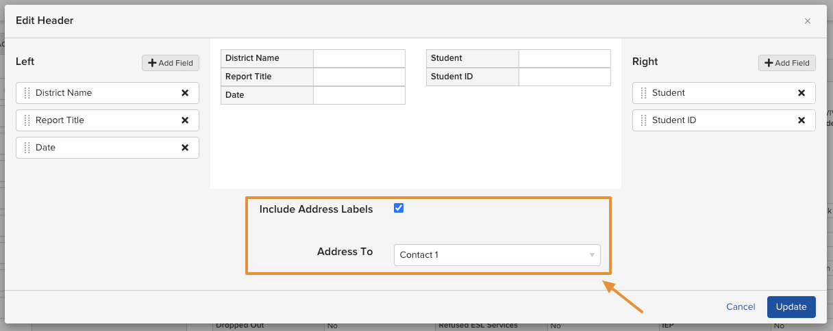 The Include Address Labels checkbox checked in the Header section editor, with the Address To dropdown showing contact options