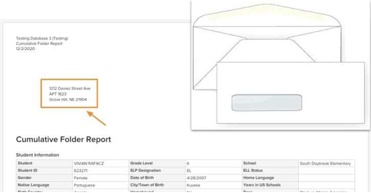 A sample Report showing the address label positioned in the header for use with a standard window envelope