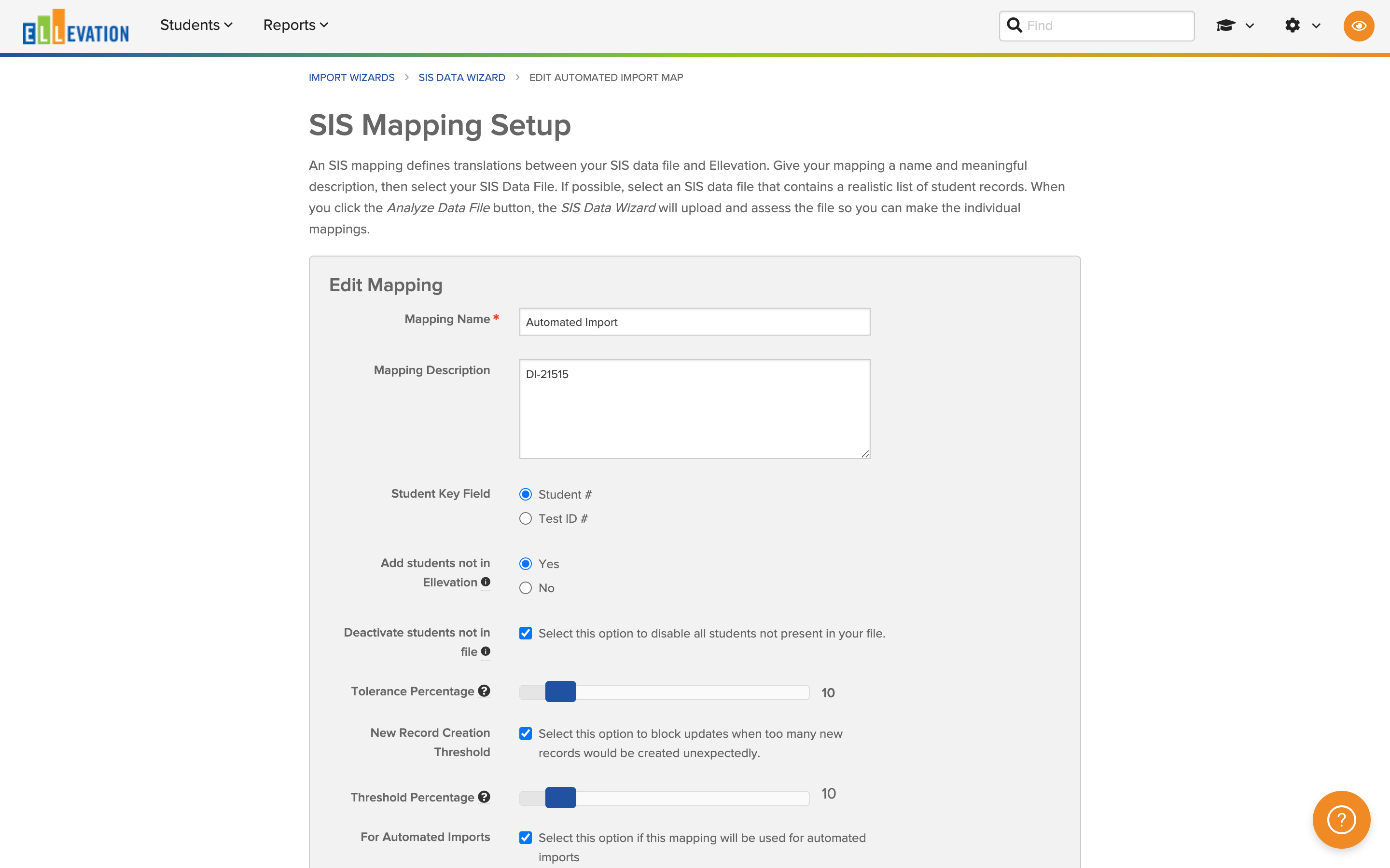 Edit Details screen for the automated SIS mapping showing the Student Key field and add and deactivate options