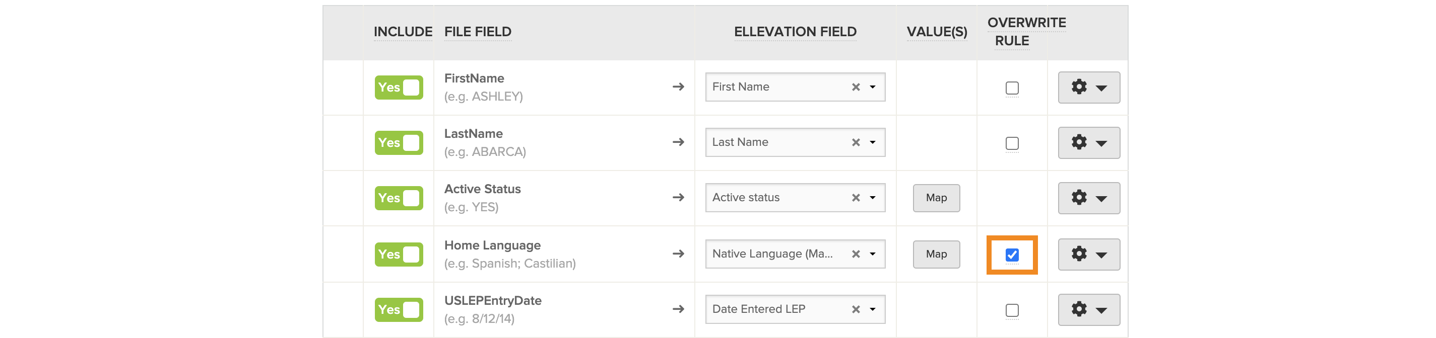 Edit Mappings screen highlighting the Overwrite Rule checkbox for a demographic field