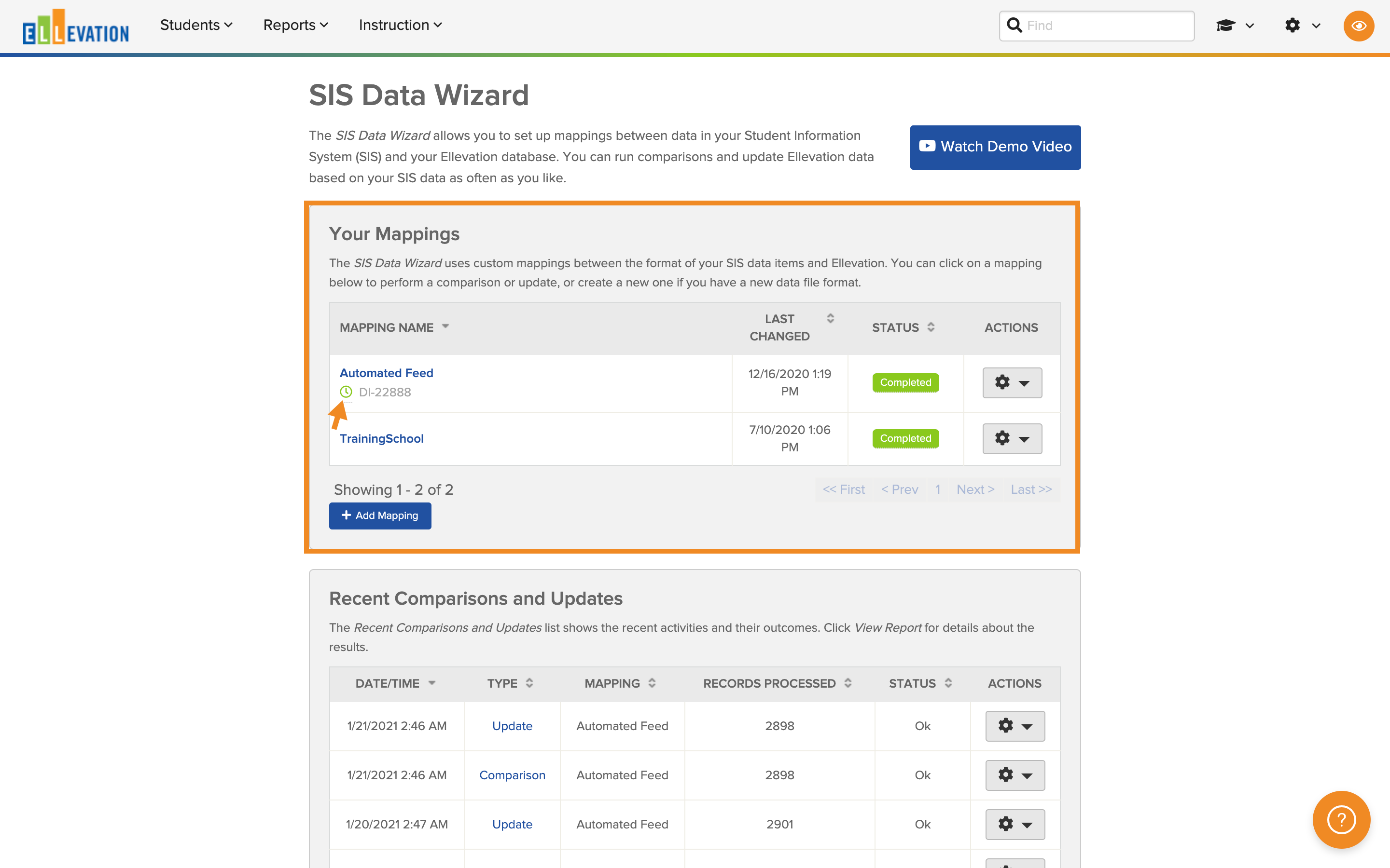 Your Mappings section of the SIS Data Wizard showing an automated mapping identified by a green clock icon
