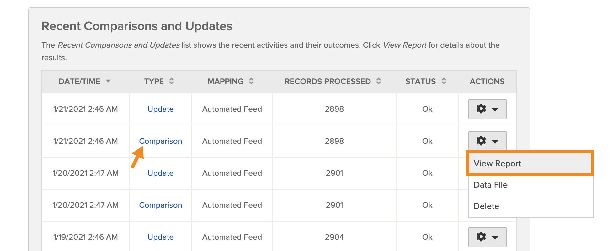 SIS Data Comparison Report showing students added, deactivated, and updated in the most recent nightly sync