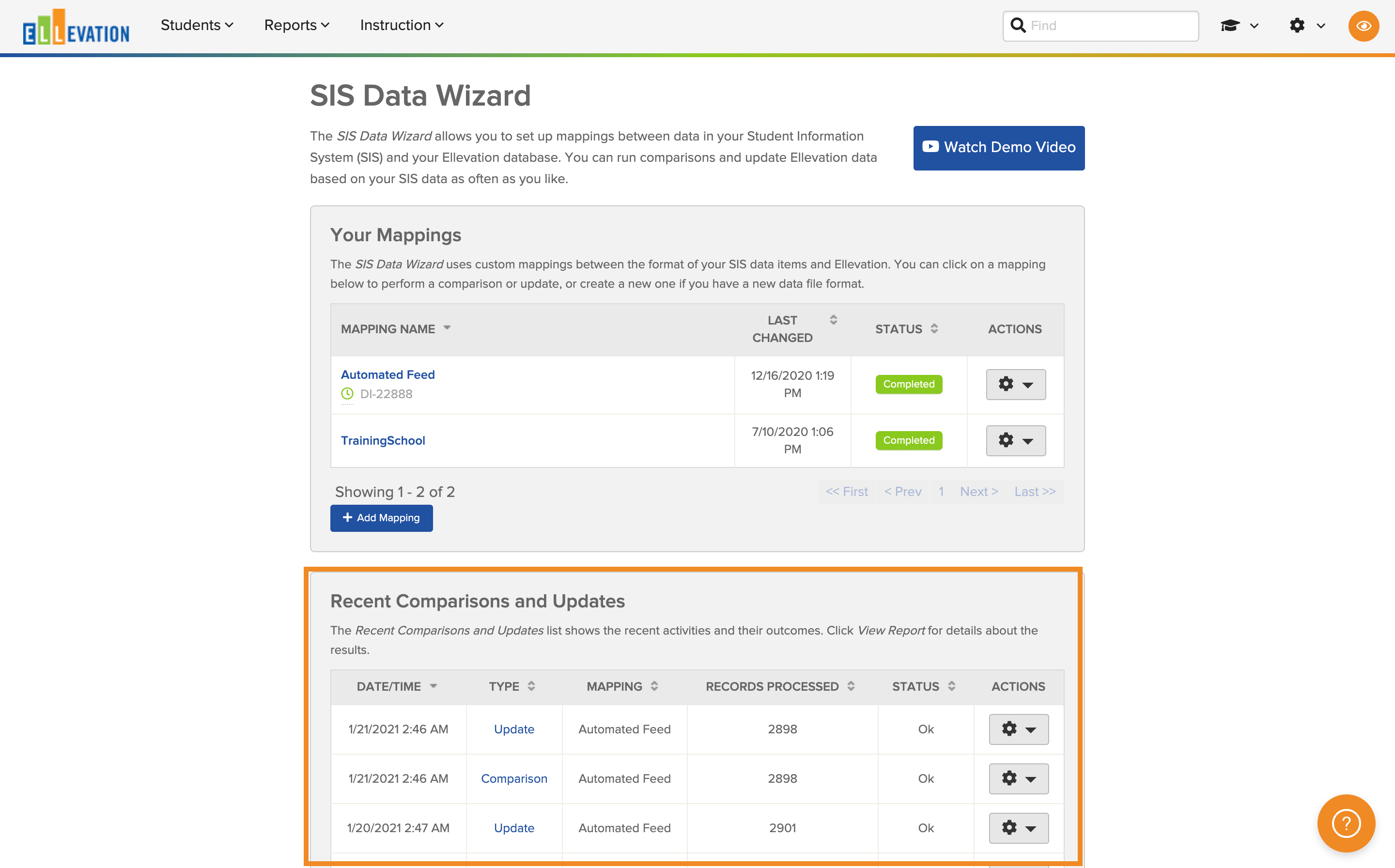 Recent Comparisons and Updates section of the SIS Data Wizard showing a list of nightly upload records with dates and status indicators