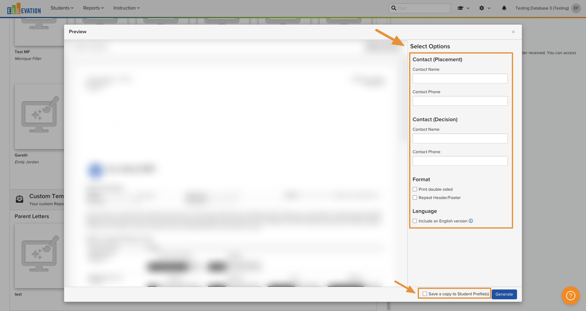 The Preview window with the Select Options sidebar showing generate options