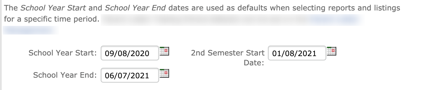 Account Settings General tab showing School Year Start, Second Semester Start, and School Year End date fields