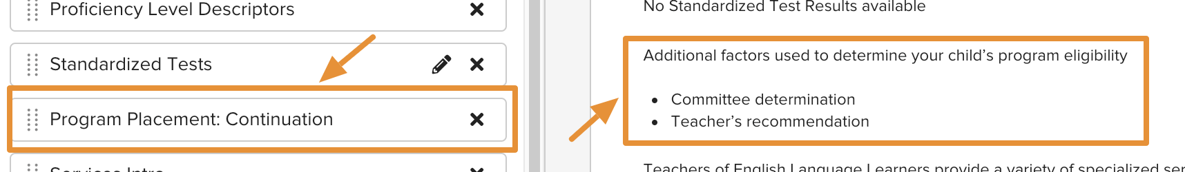 Program Placement Continuation section of a Parent Letter template