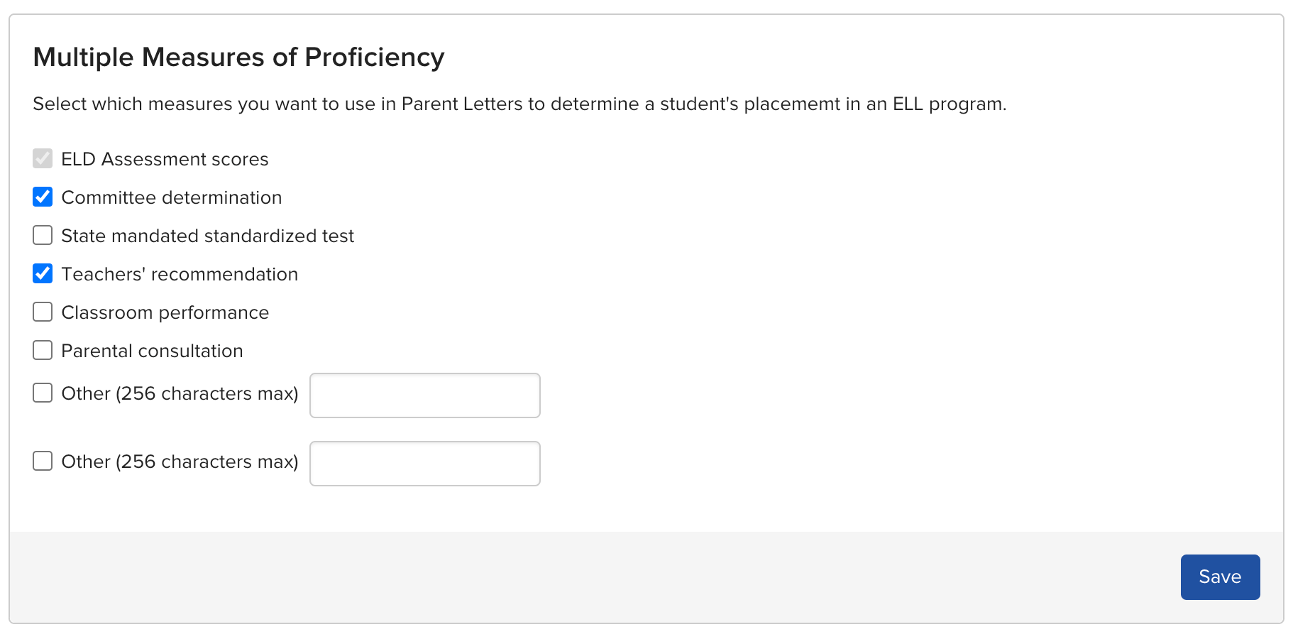 Multiple Measures of Proficiency section on the Reports configuration page