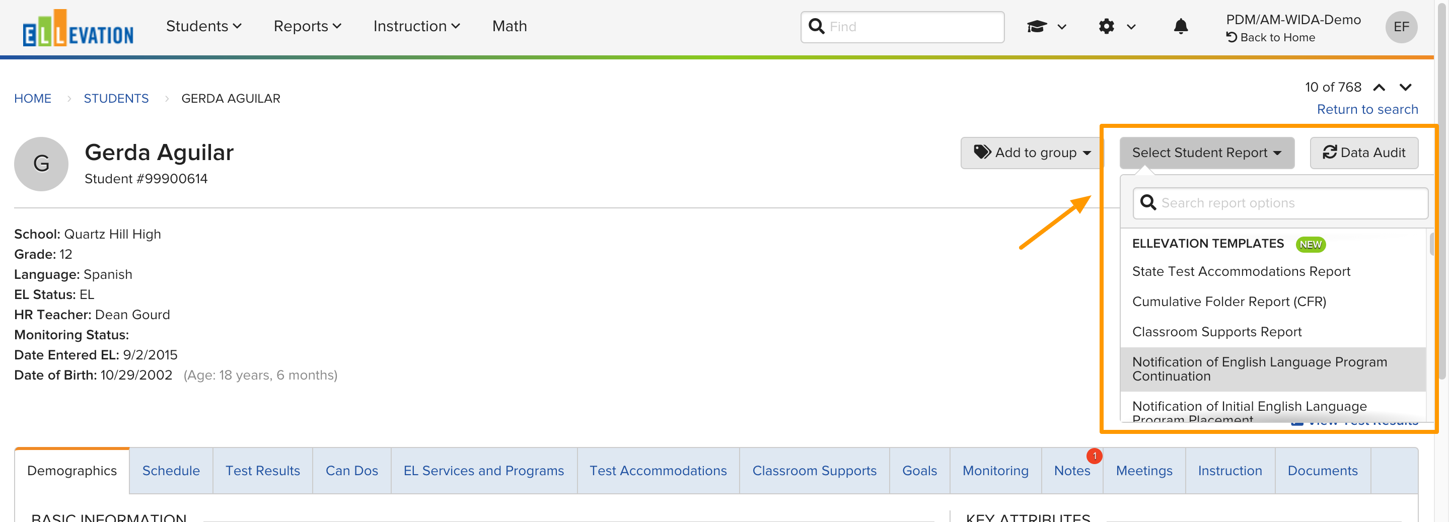 A Student Profile with the Select Student Reports option at the top right