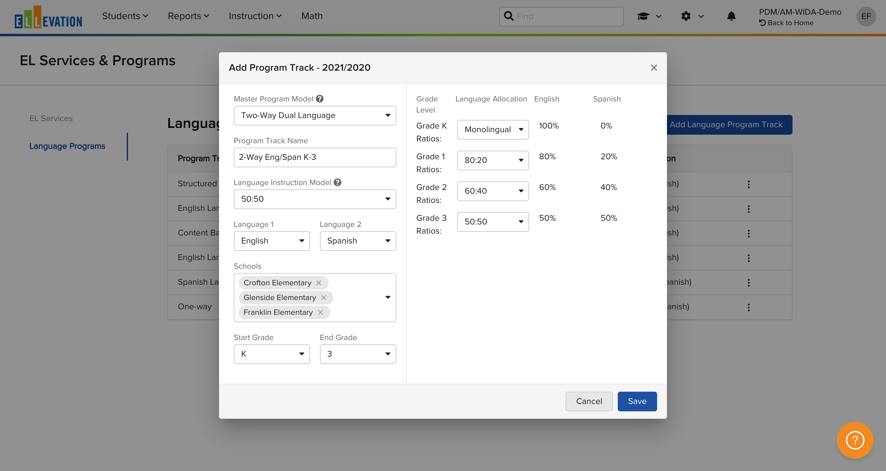 The Add Language Program Track form with Master Program Model, Program Track Name, and language fields.