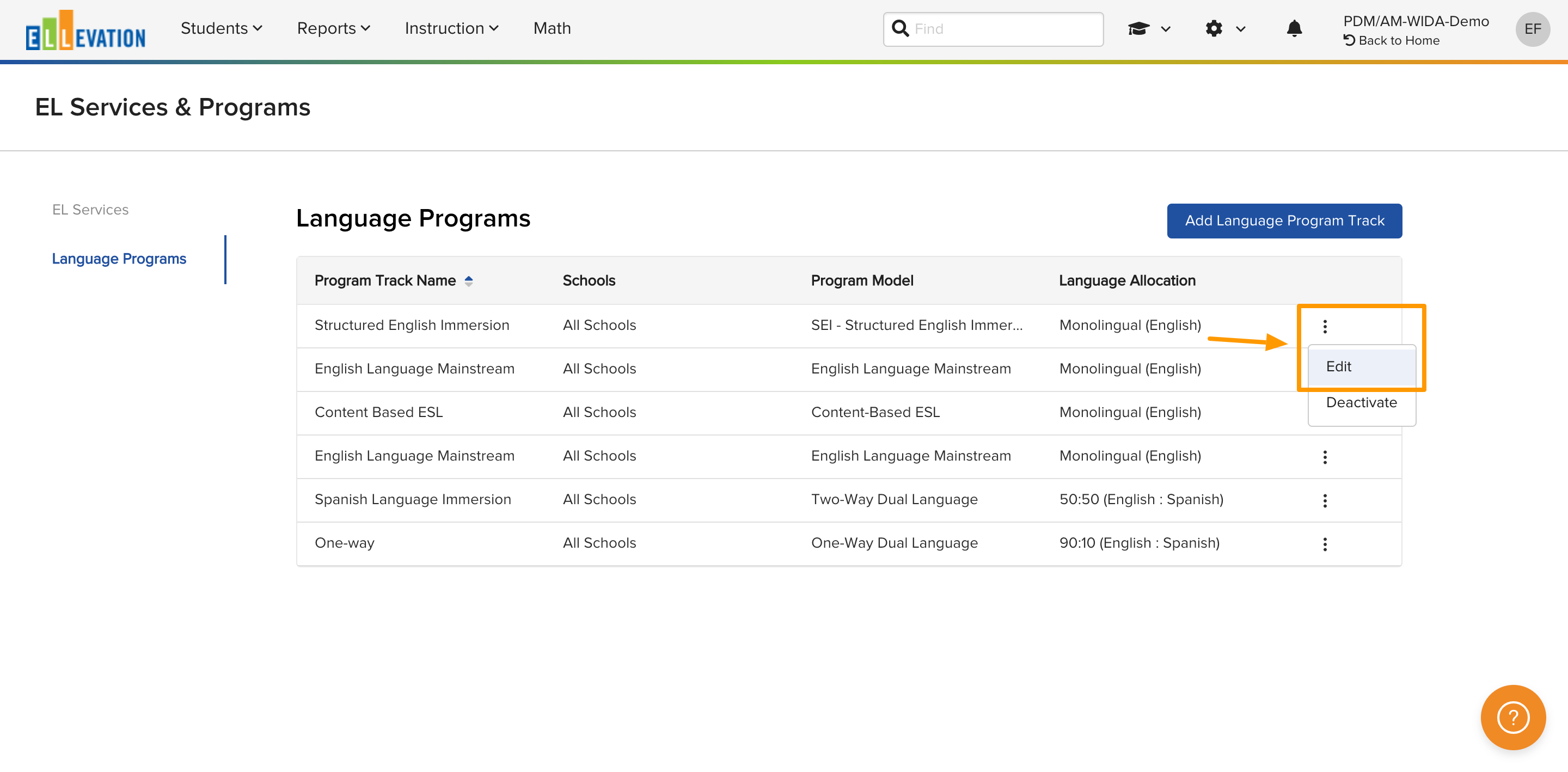 The More icon dropdown next to a Language Program, with the Edit option visible.