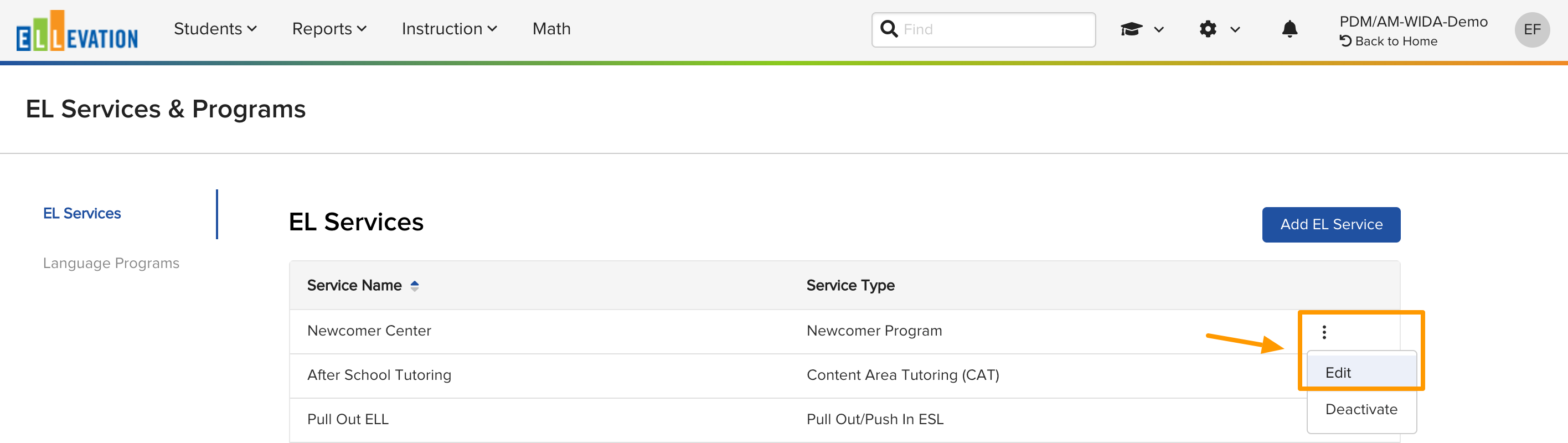 The More menu open beside a Service, showing the Edit option.