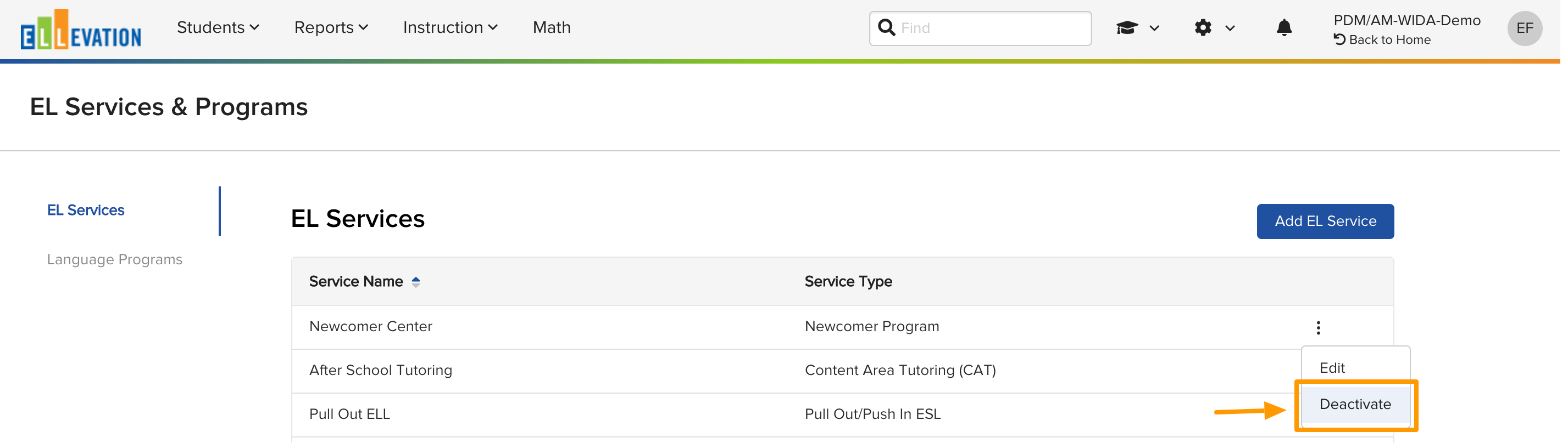 The More menu open beside a Service, showing the Deactivate option.