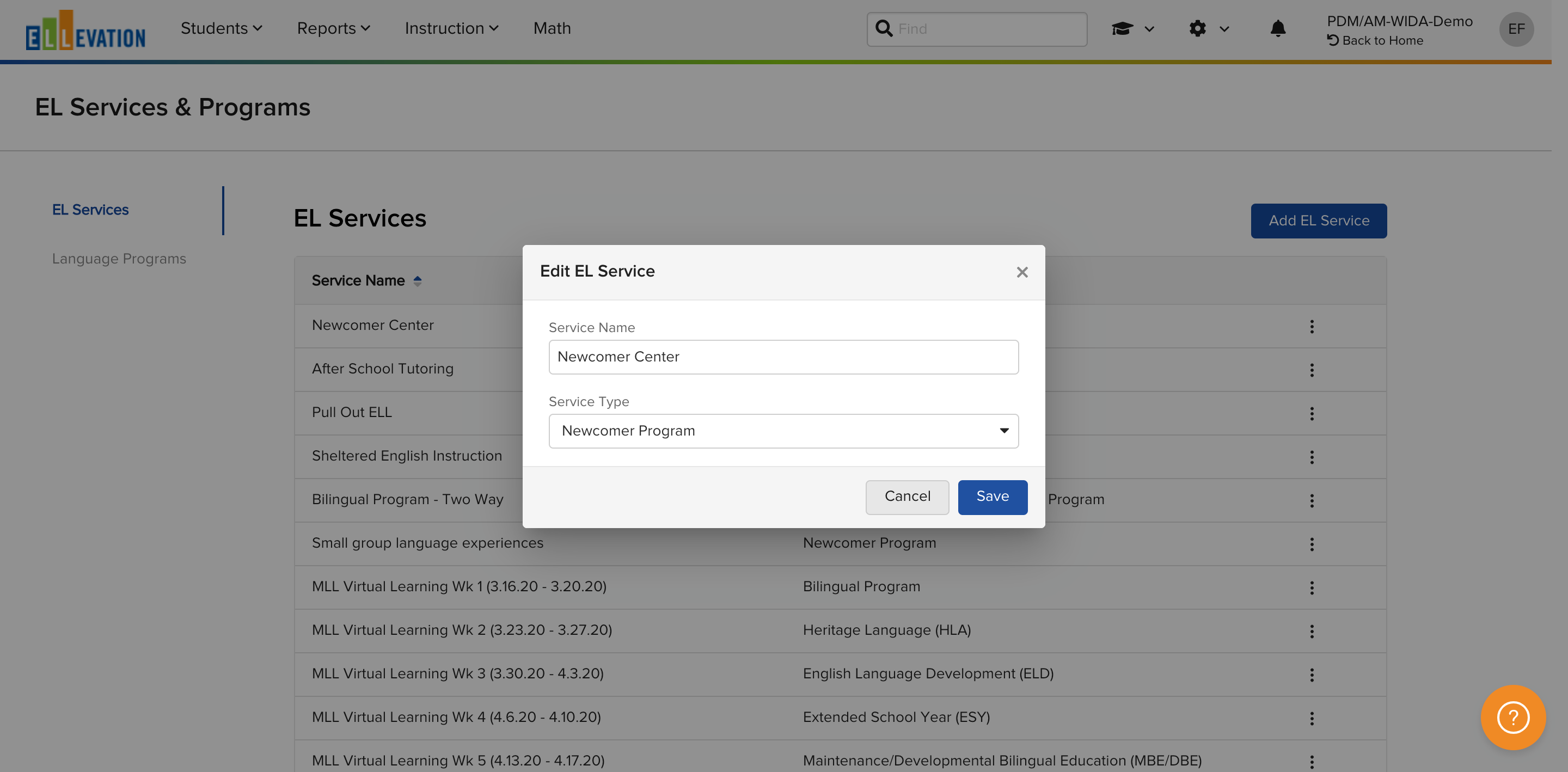 The Edit EL Service window with editable Service Name and Service Type fields.