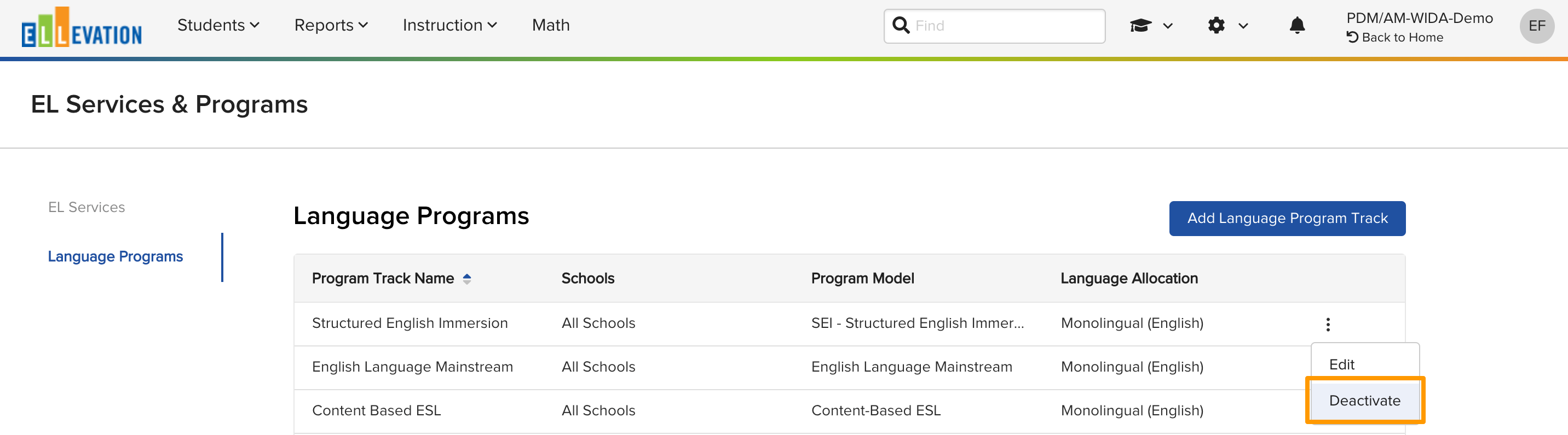 The More menu showing the Deactivate option for a Language Program.