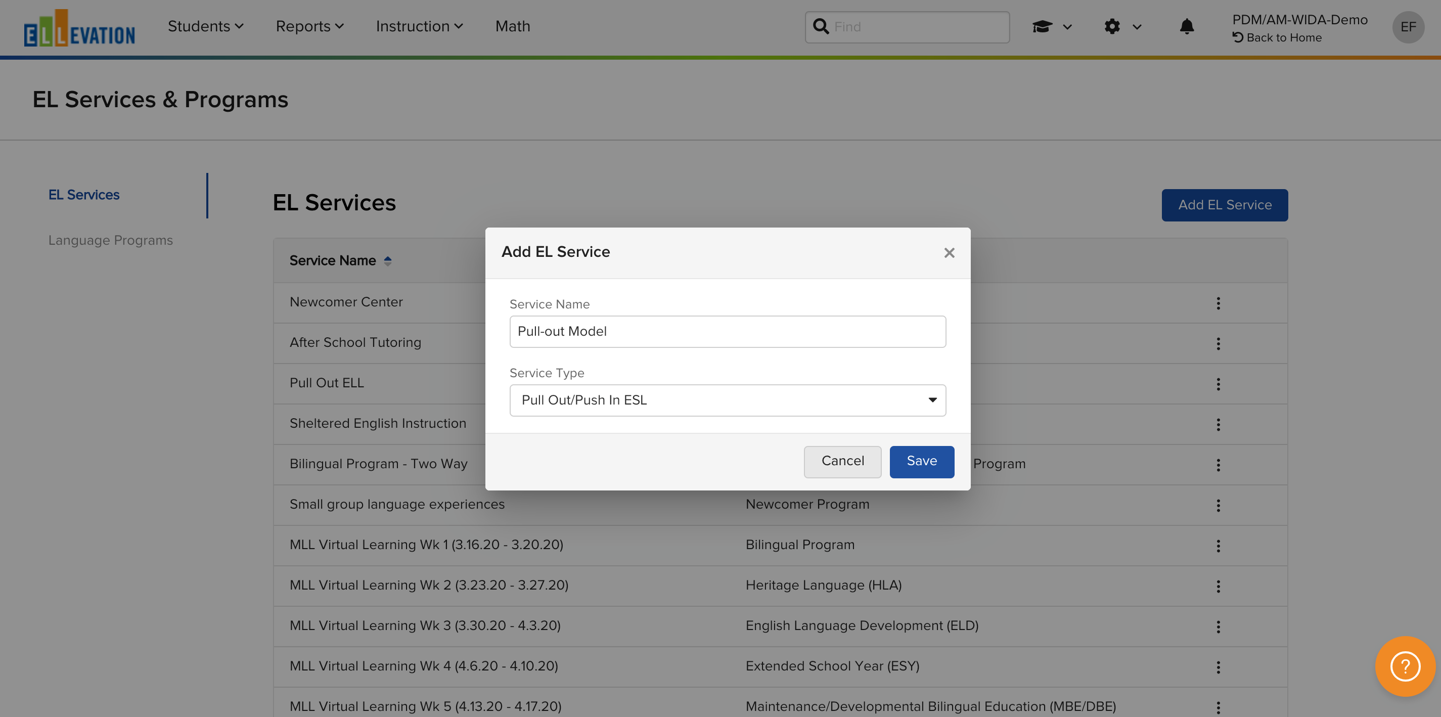 The Add EL Service window with fields for Service Name and Service Type.