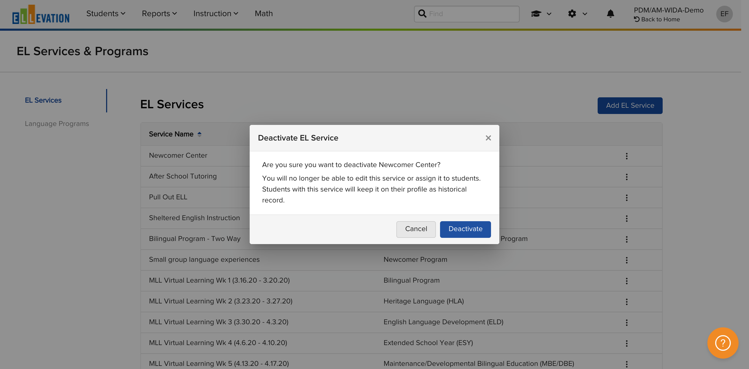 The Deactivate Service confirmation window.