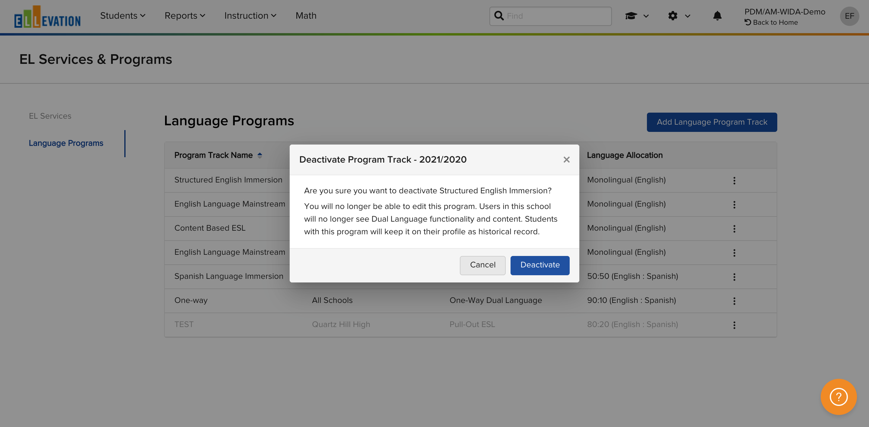 The Deactivate confirmation window for a Language Program.