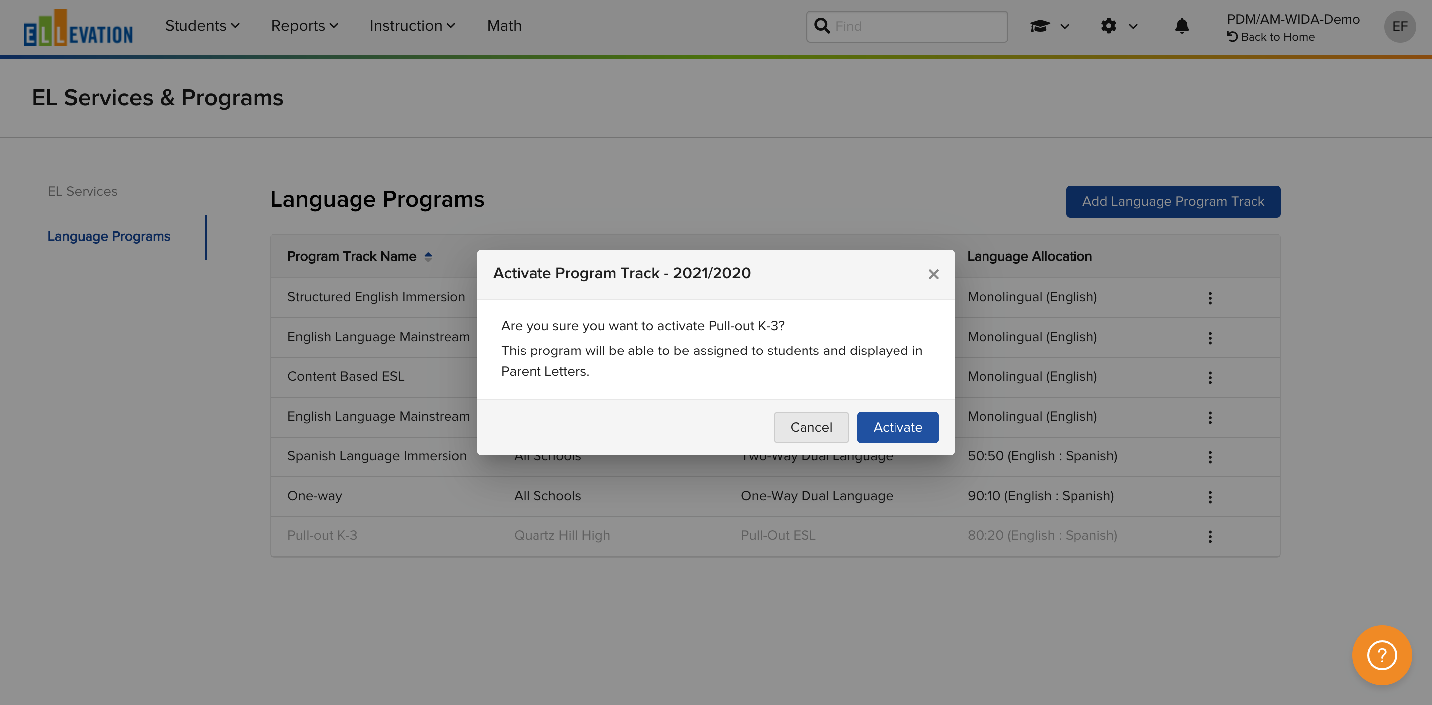The Activate confirmation window for a Language Program.