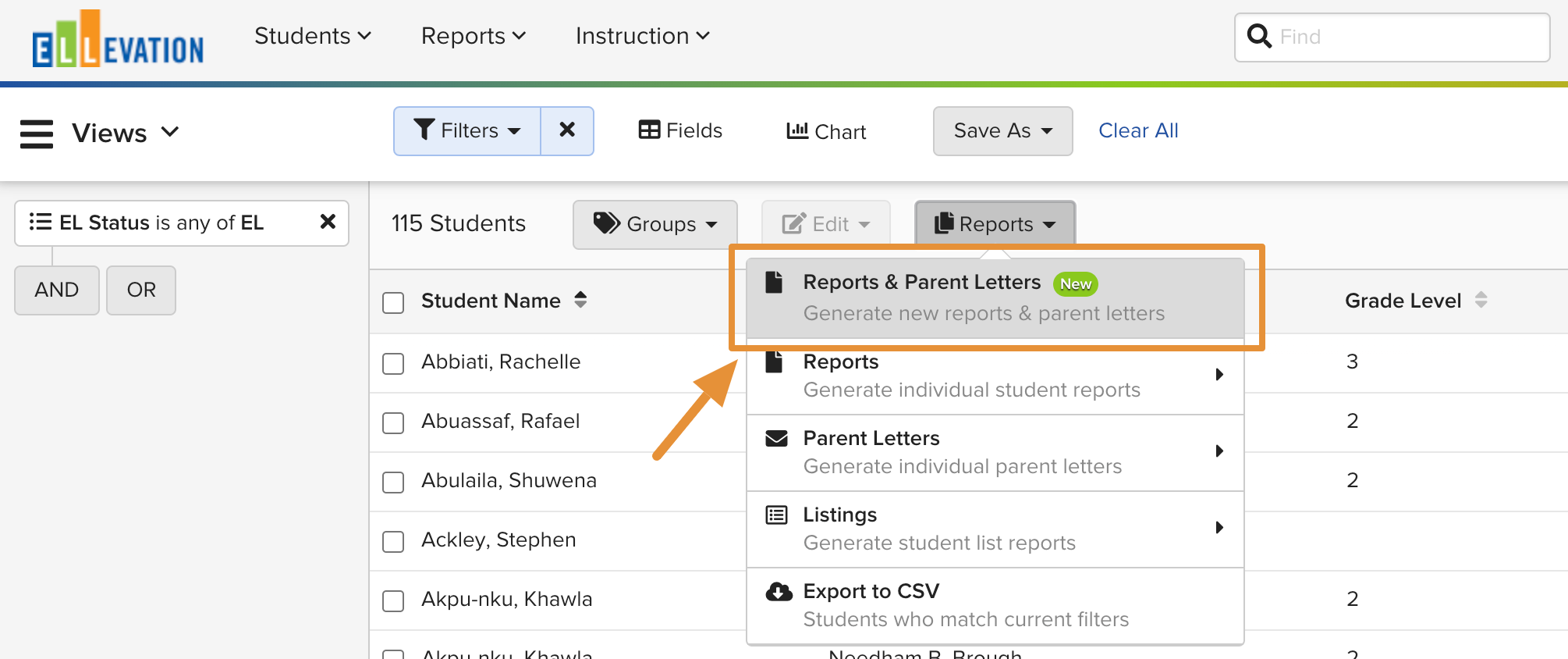 Student List with the Reports menu open, showing the Reports & Parent Letters option